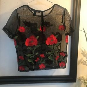 Black sheer top red rose embroidered  medium